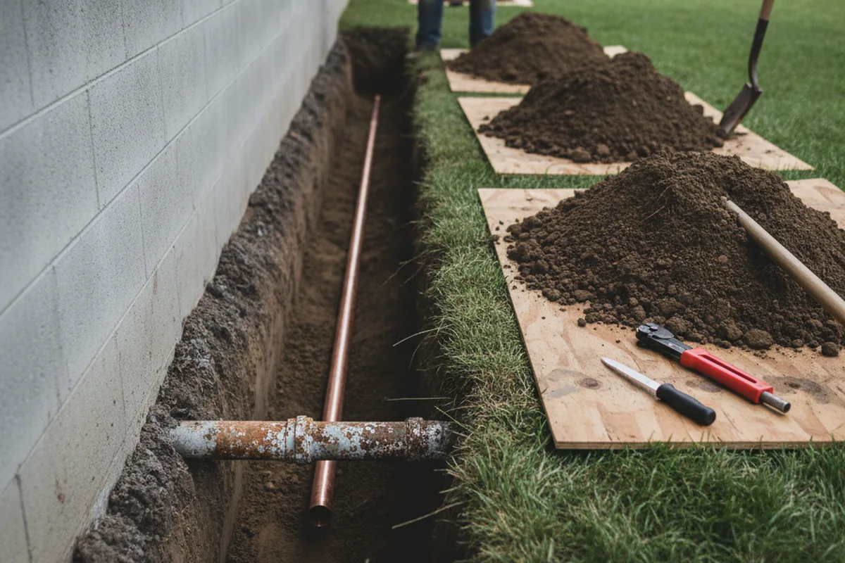 Excavated water line trench during Sewer Line Repair in Lafayette